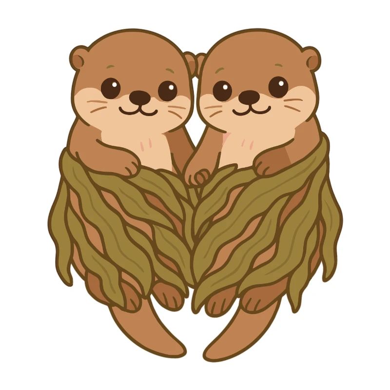 Couple de loutres de mer mignonne en couverture d’algues