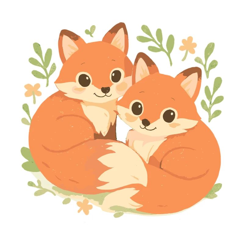 Two cute foxes cuddled up in the forest