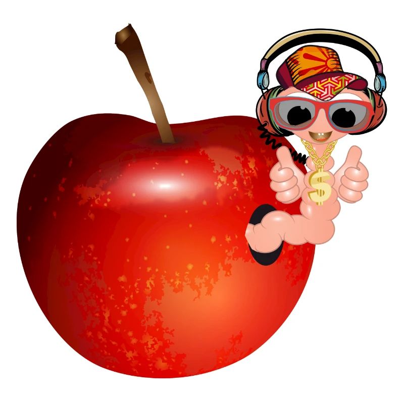 small earthworm as hip hopper in a red apple