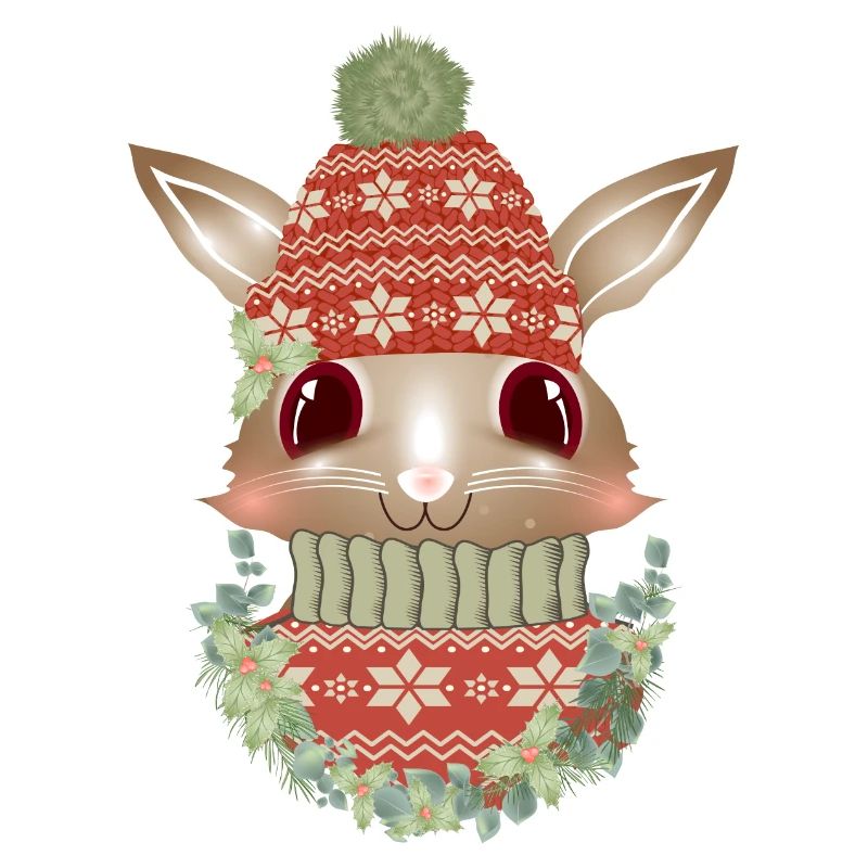 lapin brun avec pull, bonnet et couronne