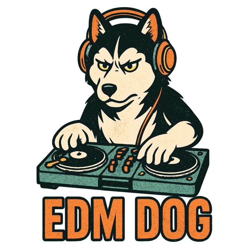 EDM Dog : DJ husky à la console de mixage dans un style rétro