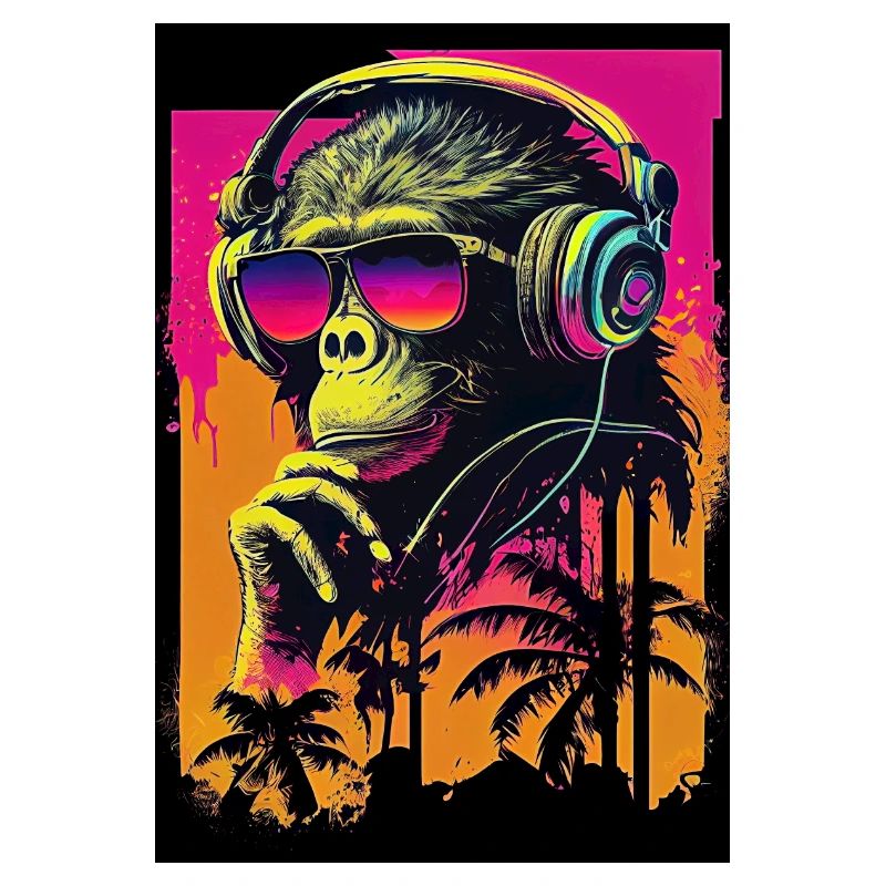 Synthwave retro monkey with sunglasses and music