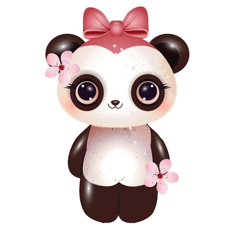 Panda mignon avec nœud rose et fleur de cerisier