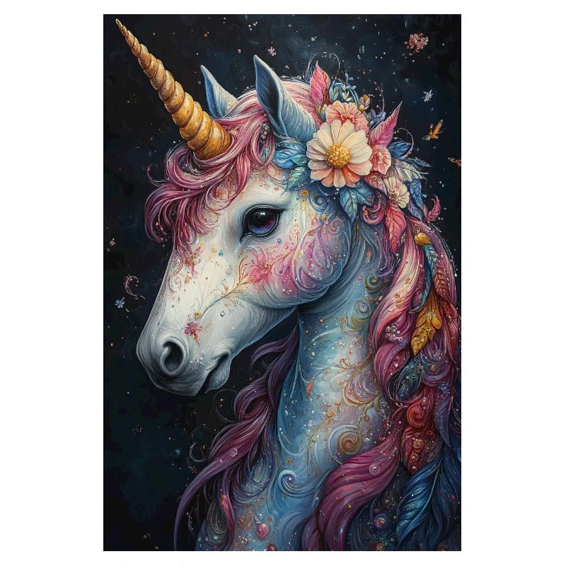Licorne colorée dans une couronne de fleurs