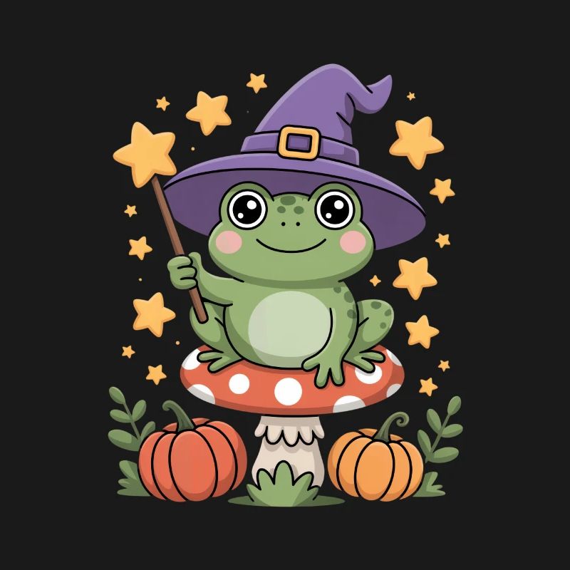 Cute witch frog on toadstool with magic wand