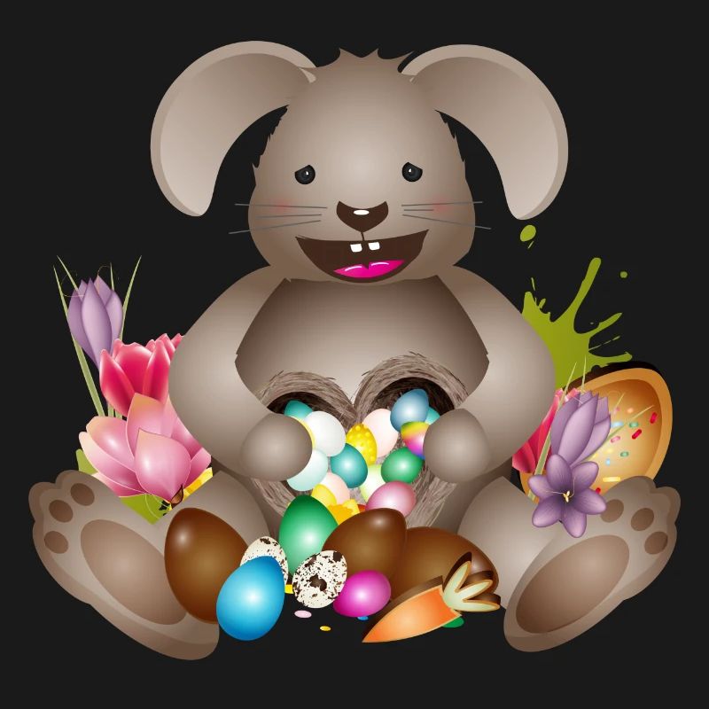 laughing Easter with Easter nest full of Easter eggs