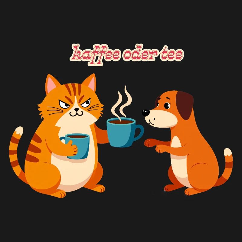 Kaffee oder Tee? Lustige Katze und Hund Bürohumor