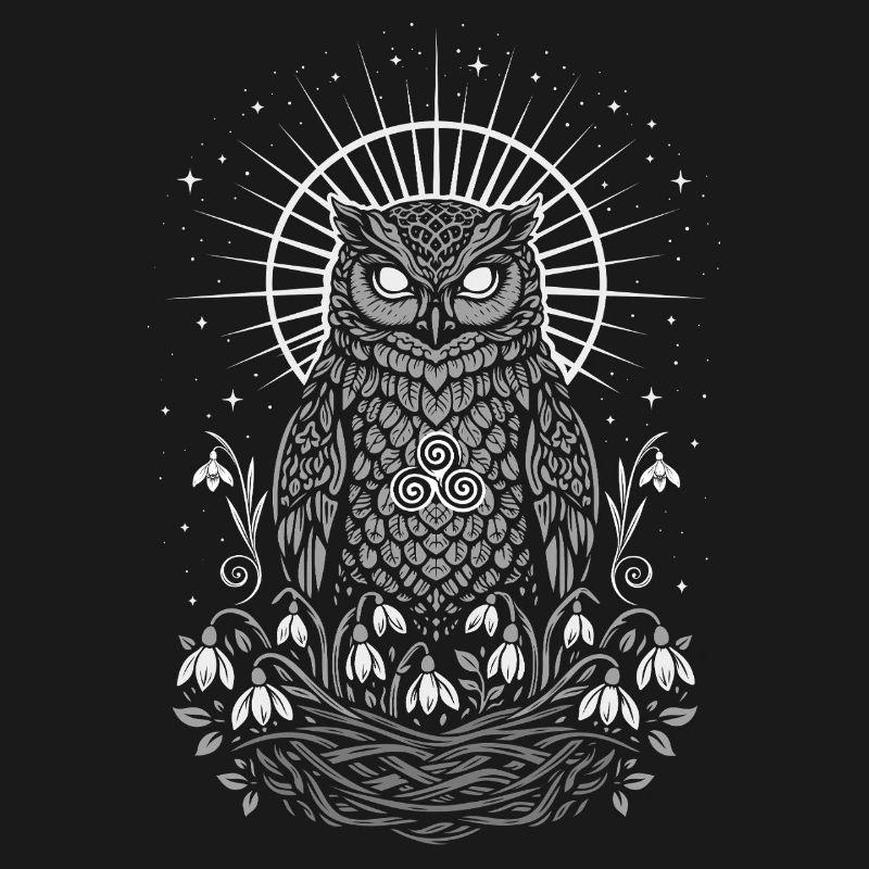 Imbolc Eule mit Triskele und Schneeglöckchen