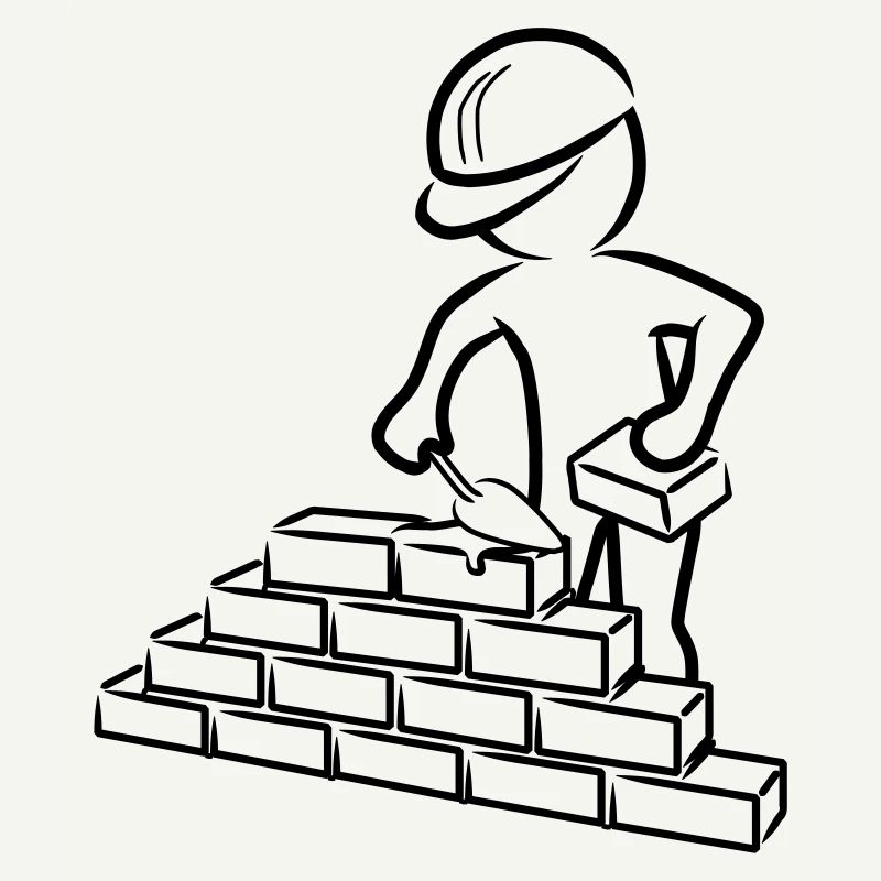 Construction worker with trowel, mortar and wall