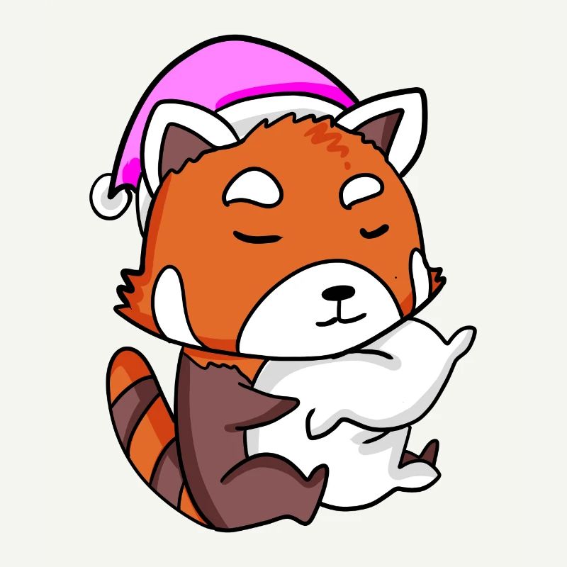 red panda with pillow and sleeping cap