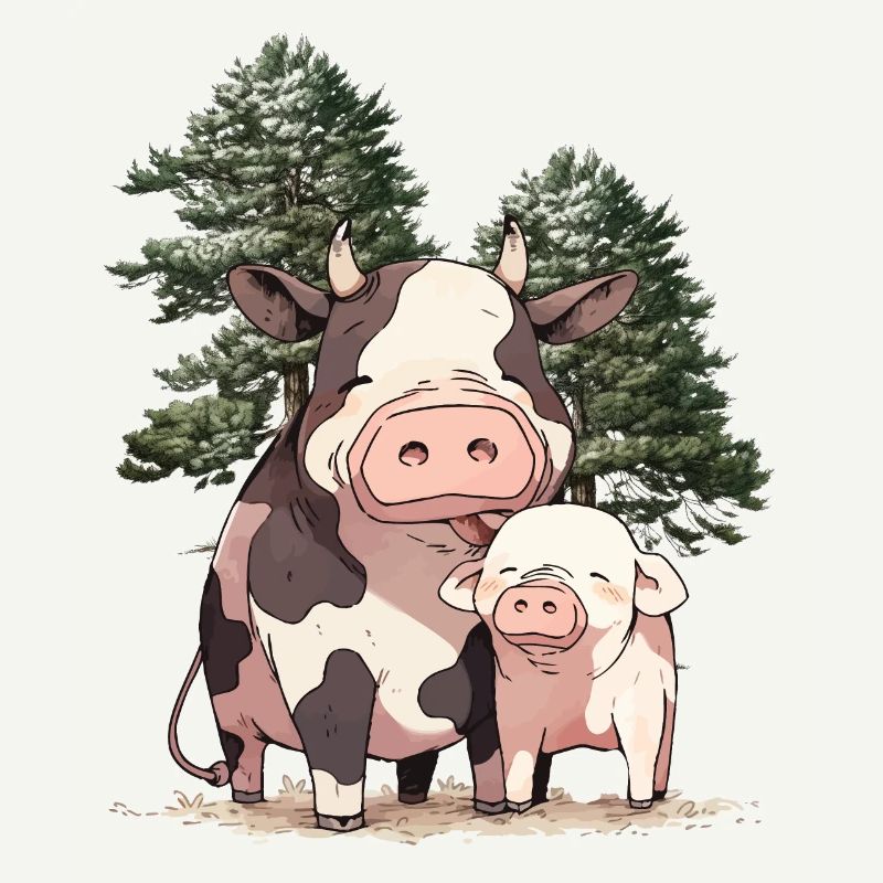 Amis Amitié Vache Cochon Animaux Ensemble