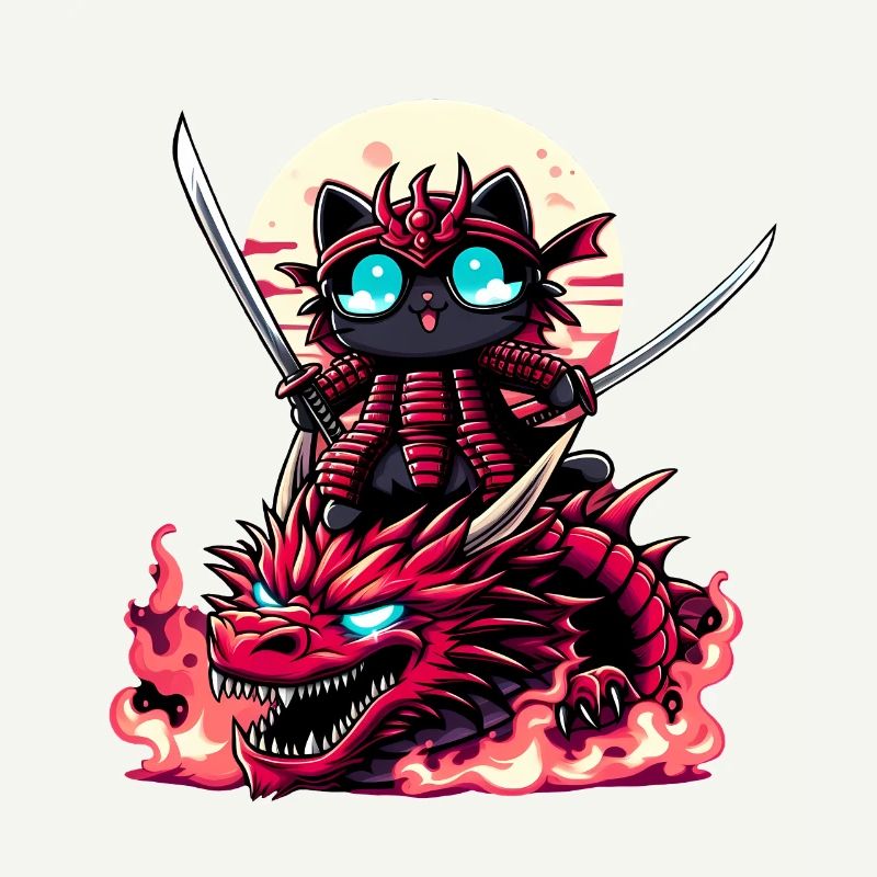 Chat samouraï avec épée sur dragon dans une bataille épique 3D
