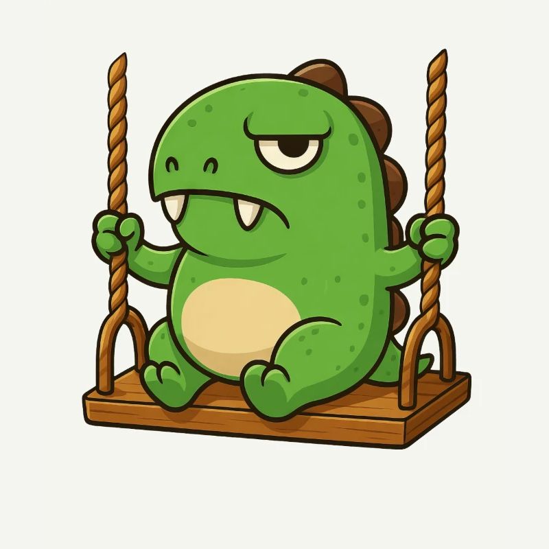 Grumpy T-Rex on swing annoyed and insulted