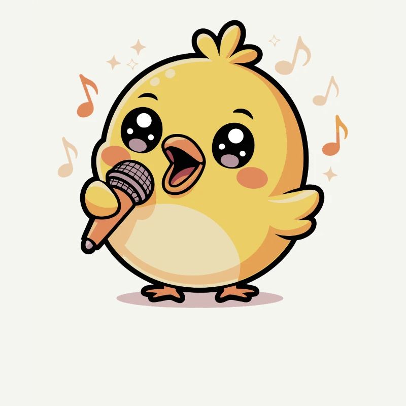 Poussin joyeux qui chante avec un microphone et des notes