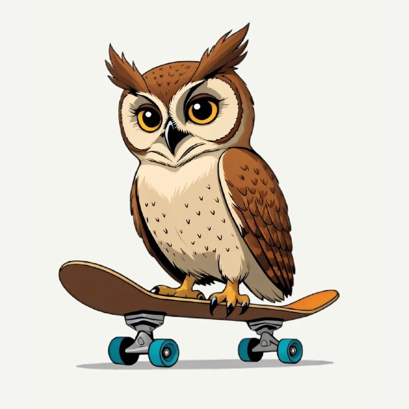 Eule auf Skateboard im Comic-Stil
