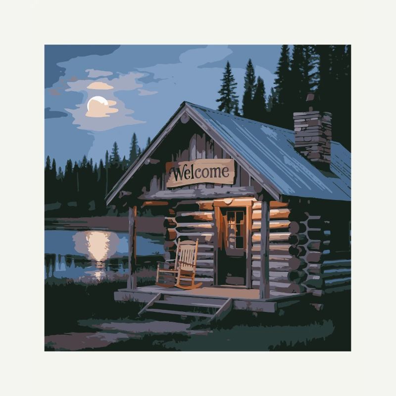 Scène nocturne de cabane de lac rustique