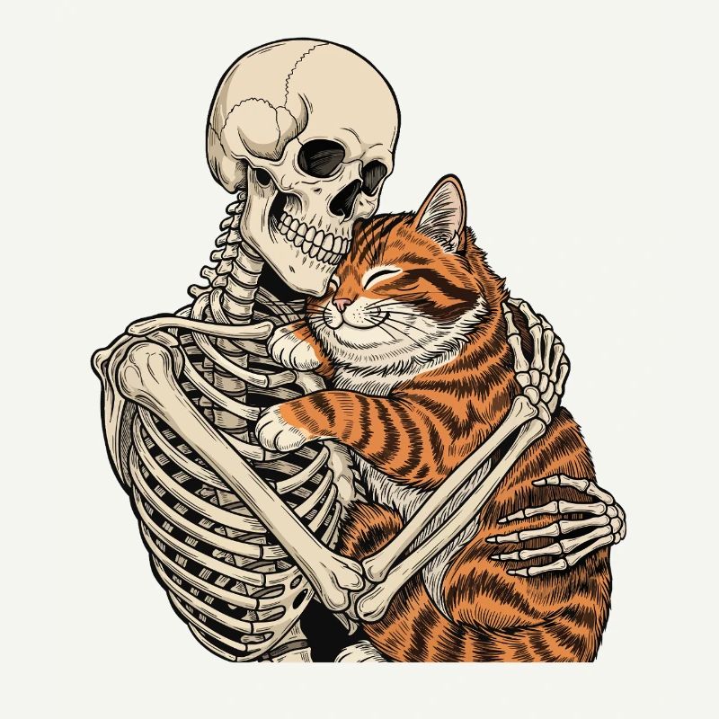 Skeleton Hugging Cat — Spooky Cat Skeleton Cuddle