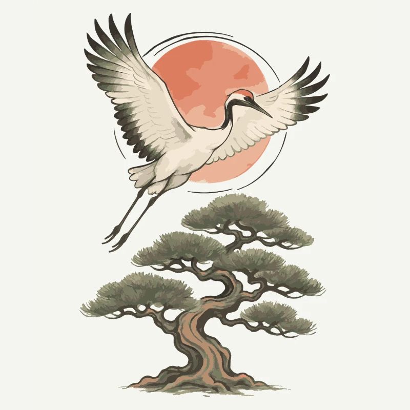 Flying Crane Over Pine Tree