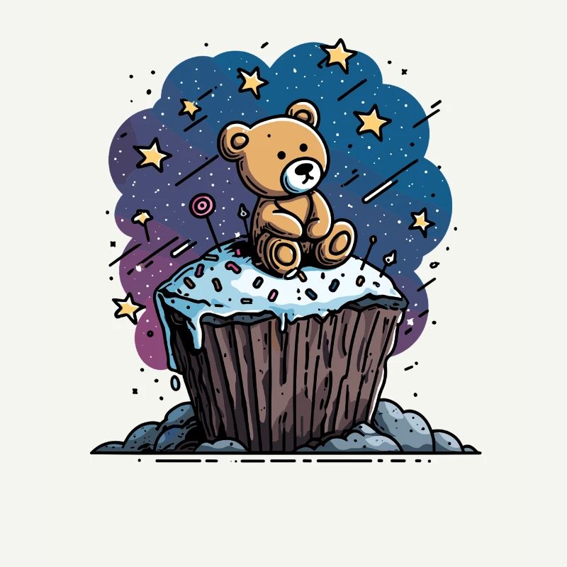 Cuddly bear on cupcake in space