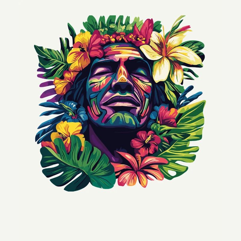 Tropischer Gesichtskopf mit Blumenkranz
