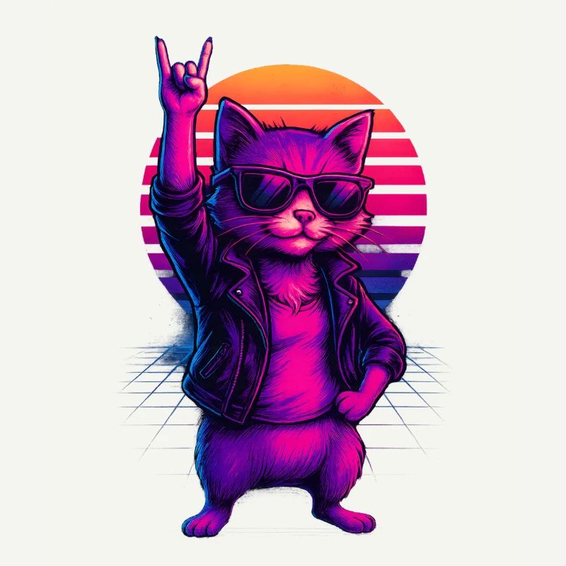 Synthwave Cat Cat Retro Sunset
