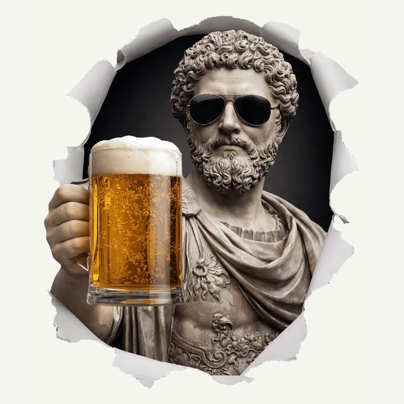 Marcus Aurelius with sunglasses and beer