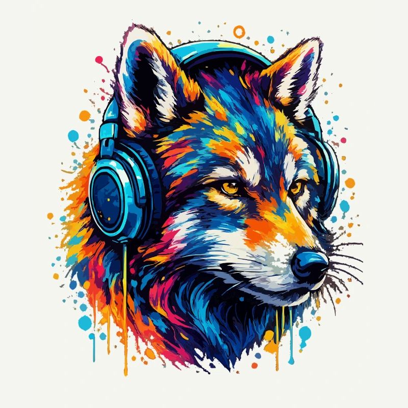 Fuchs mit Neon Kopfhörer Kunst