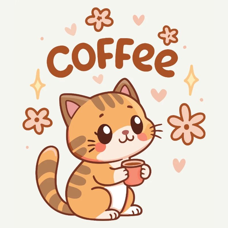 Chat café mignon et fleurs