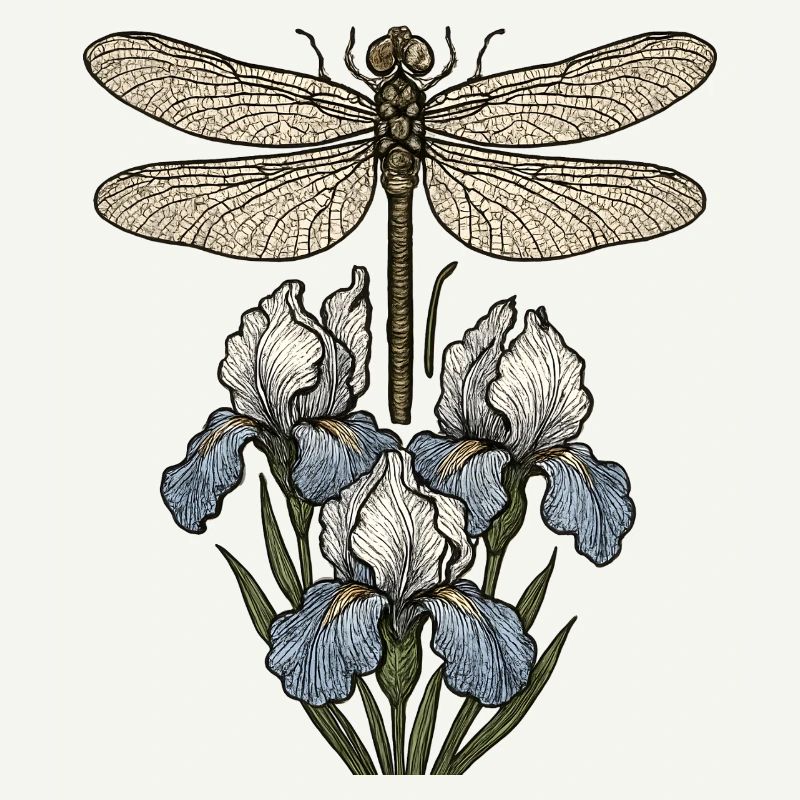 Libellule sur fleurs d’iris