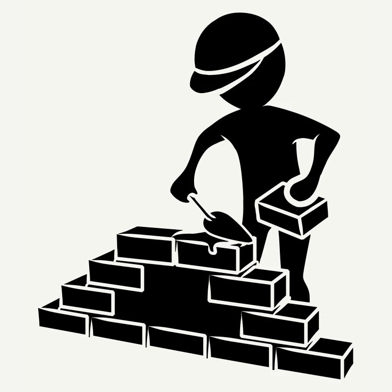 Construction workers with mason trowel, mortar and wall