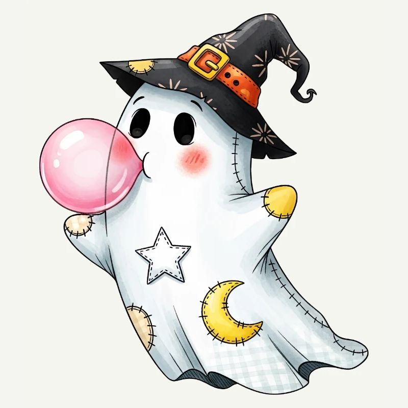 Patchwork cartoon ghost with bubble gum bubble