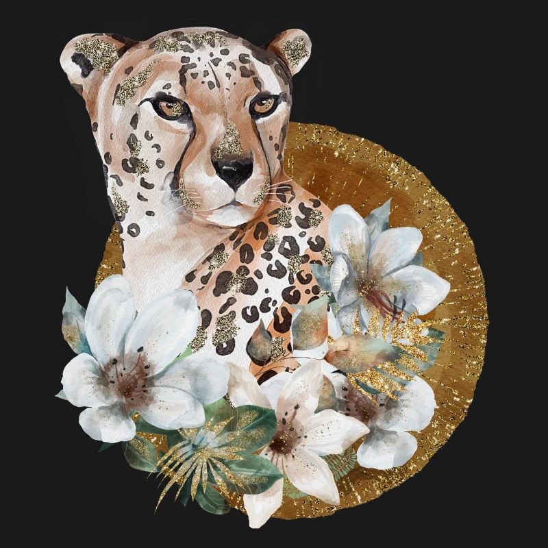 Léopard avec or et fleurs