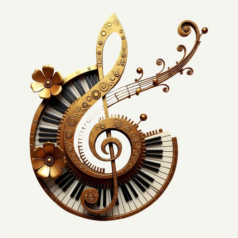 Conception musicale avec engrenages et notes dorées