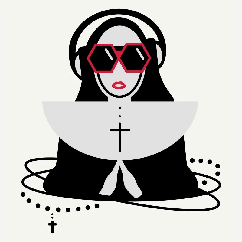 Nonne mit Sonnenbrille und Kopfhörer