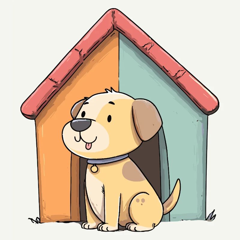 Chien câlin devant une maison colorée