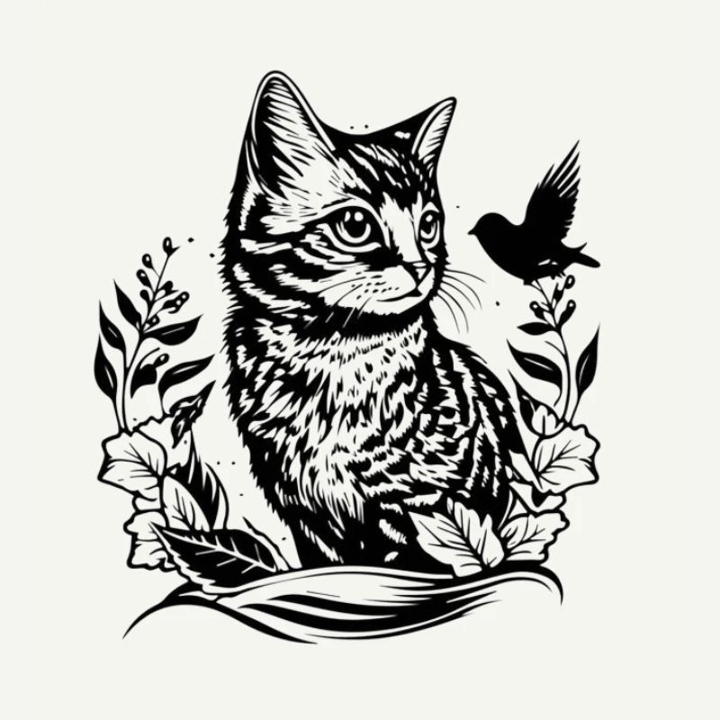 Dessin de lignes de forêt de chats avec un oiseau