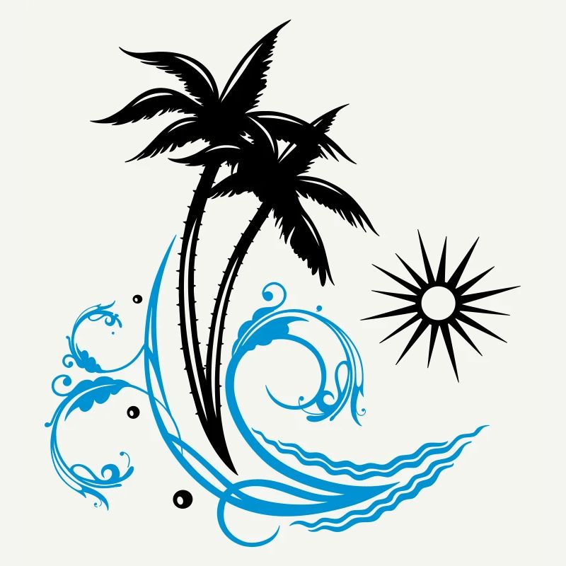 Palm trees with wave and sun, vacation, surf