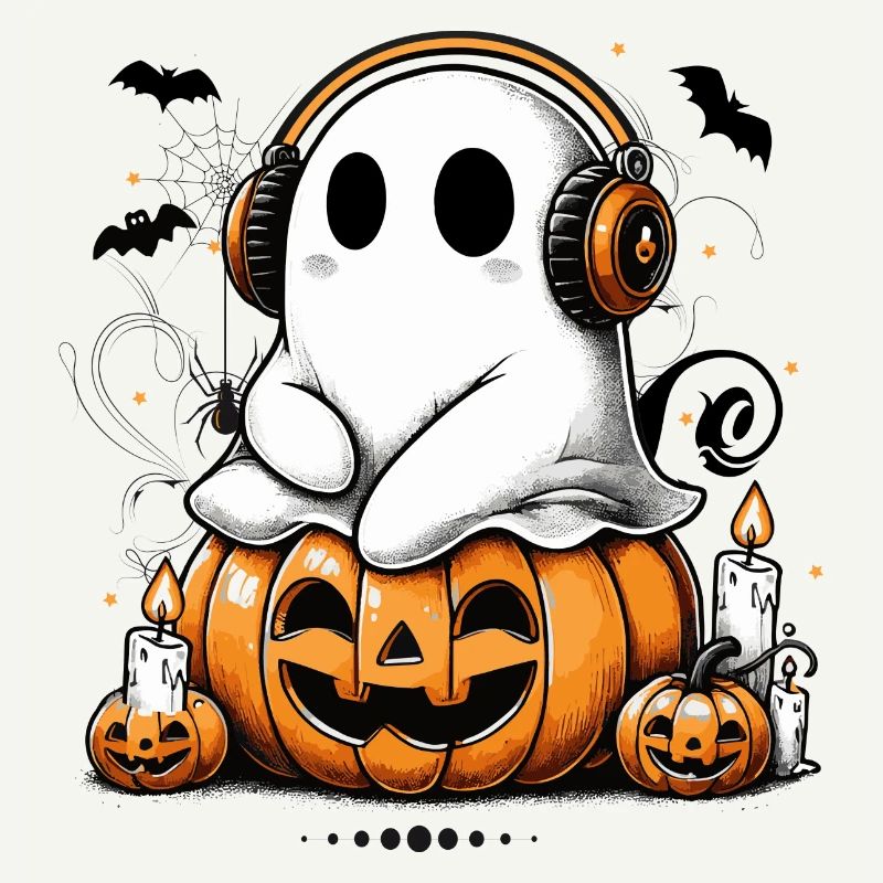 cool ghost with headphones on halloween pumpkin