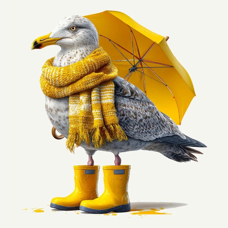 Mouette avec parapluie jaune et bottes