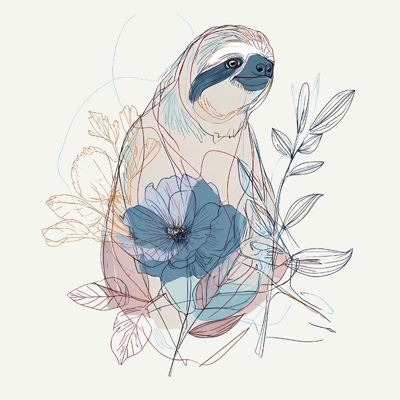 Lineart Faultier mit blauer Blüte – Boho Stil