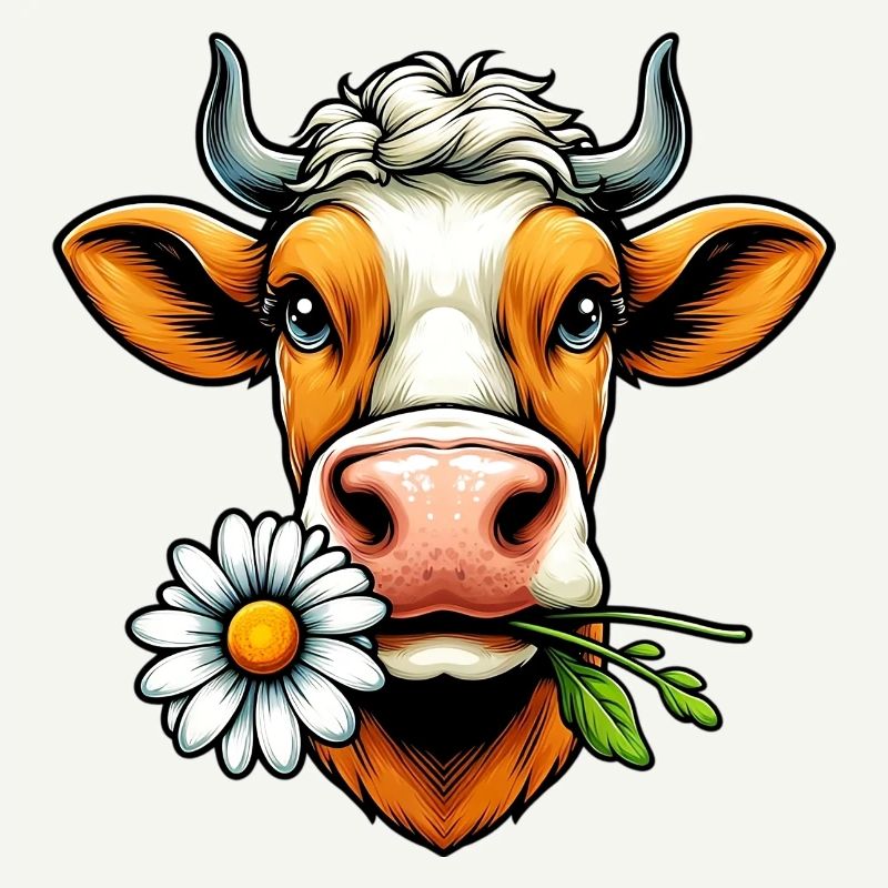 Kuh mit einer Gänseblümchenblume im Maul Blumen