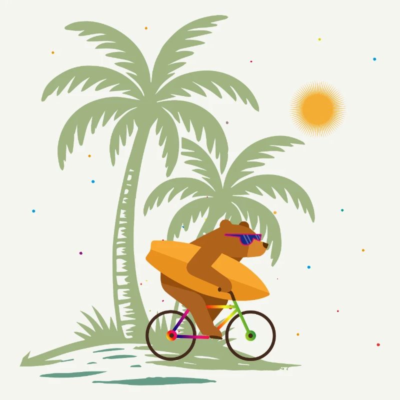 Bear with surfboard on bicycle under palm trees