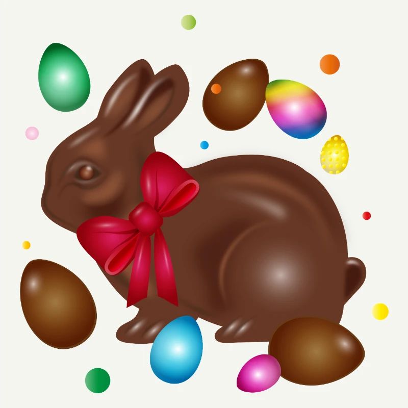 Chocolate Easter bunny with colorful Easter eggs