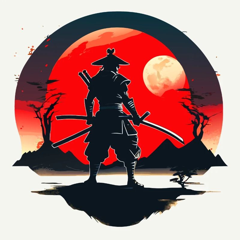 Samurai Silhouette with Red Moon Background