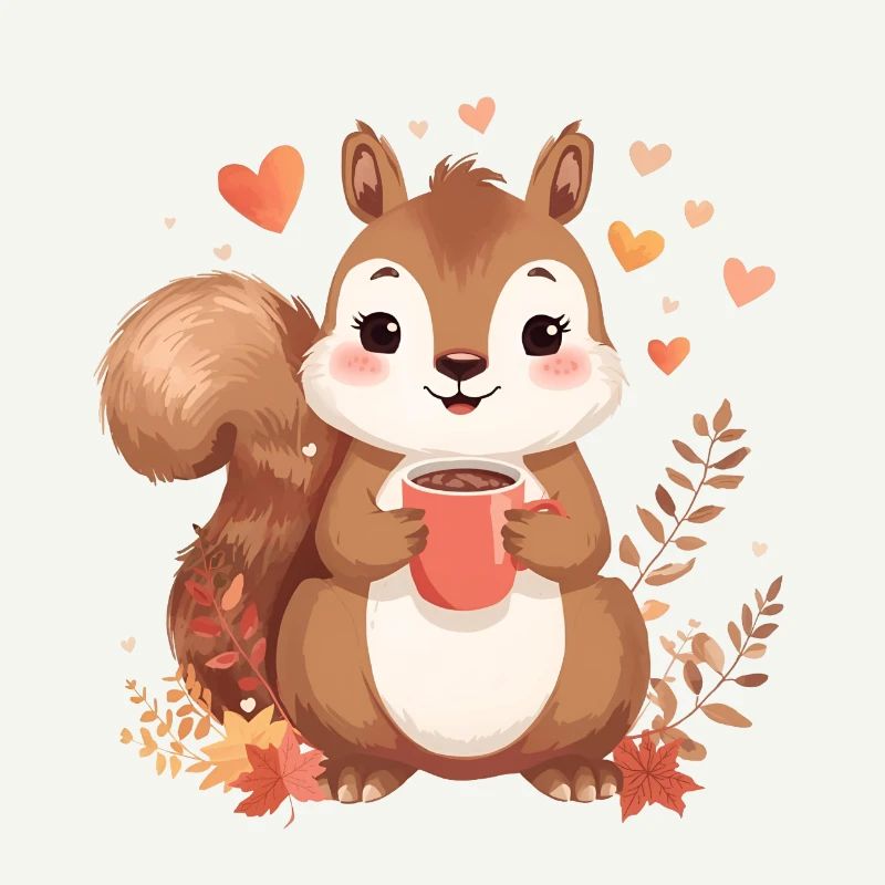 Herbstliches Eichhörnchen mit heißem Kakao