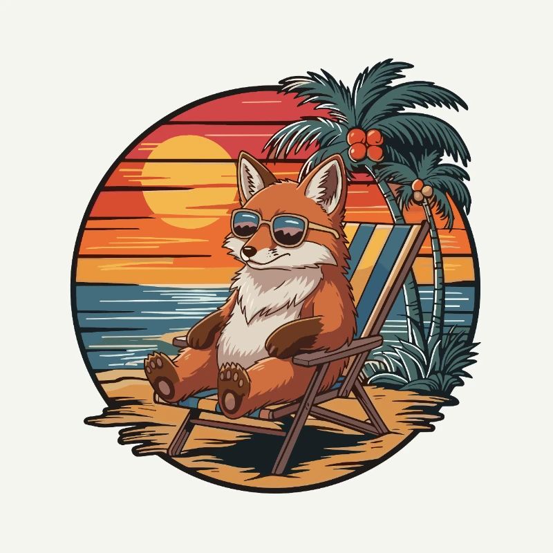 Funny Fox on Beach Summer Vacation Sunset