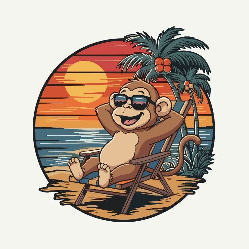 Funny Monkey on Beach Summer Vacation Sunset