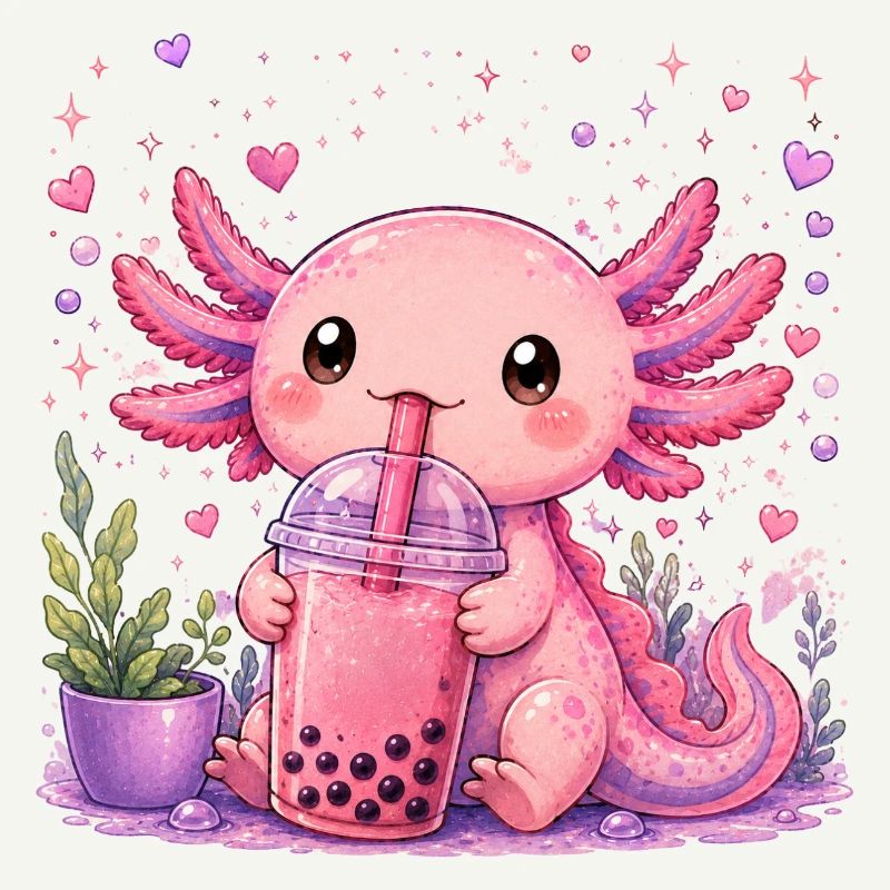 Pink Axolot mit Bubble Tea