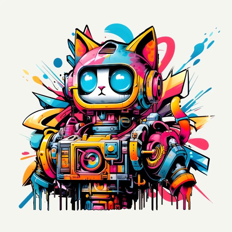Chat conçu comme un robot dans le style graffiti de la bande dessinée