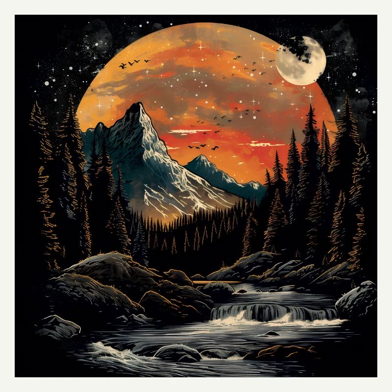 Setting Mountains and Forest at Night